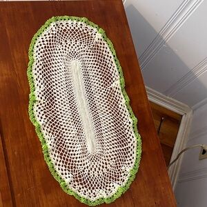 Handcrafted Crochet Table Runner with Green Trim
